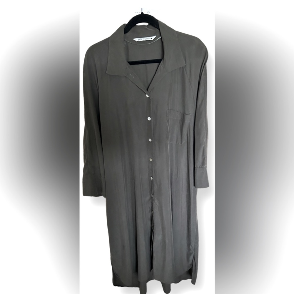 Zara Olive Color Midi Button Down Shirt Dress